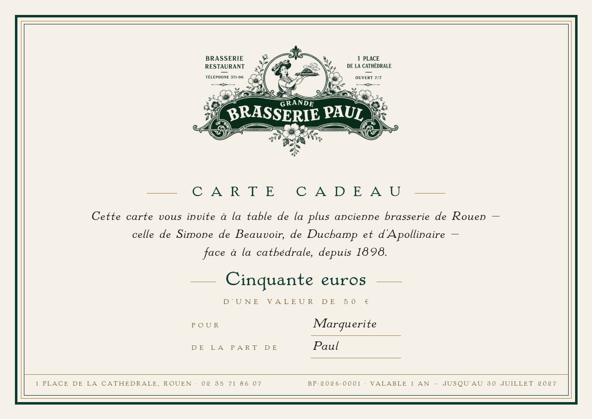 Aperçu du bon cadeau Brasserie Paul : carte crème et vert, gravure Grande Brasserie Paul, style traditionnel